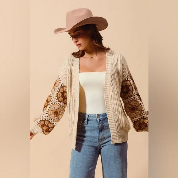Beige ivory Flower floral granny embroidered cardigan boho bohemian sweater - Picture 9 of 16